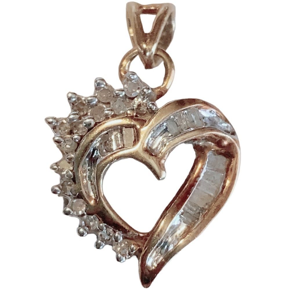 Diamond 10k Heart Pendant Necklace Solid Yellow And White Gold